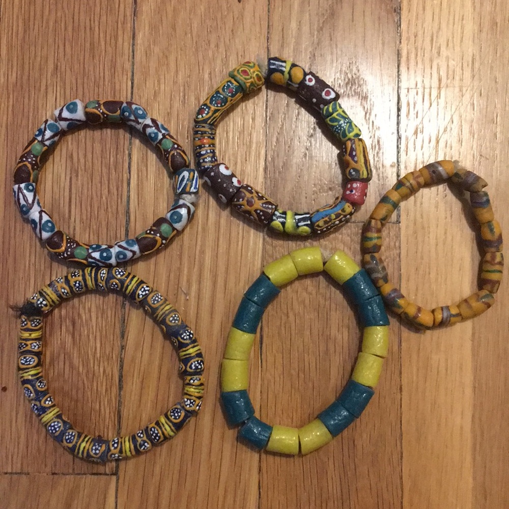 Five Ghanaian handmade glass bead bracelets